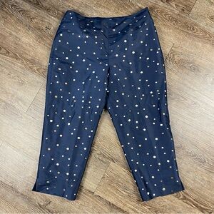 Talbots Pants Women 12 Petite Navy Blue Polka Dot Embroidered 100% Silk Zip 21”